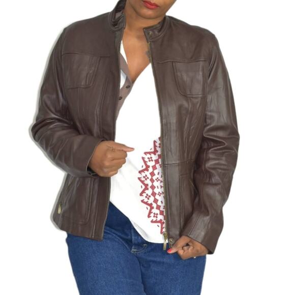 Chicos Leather Jacket Brown Cafe Racer Biker Pockets Zippered Size Small Davita - Picture 10 of 15